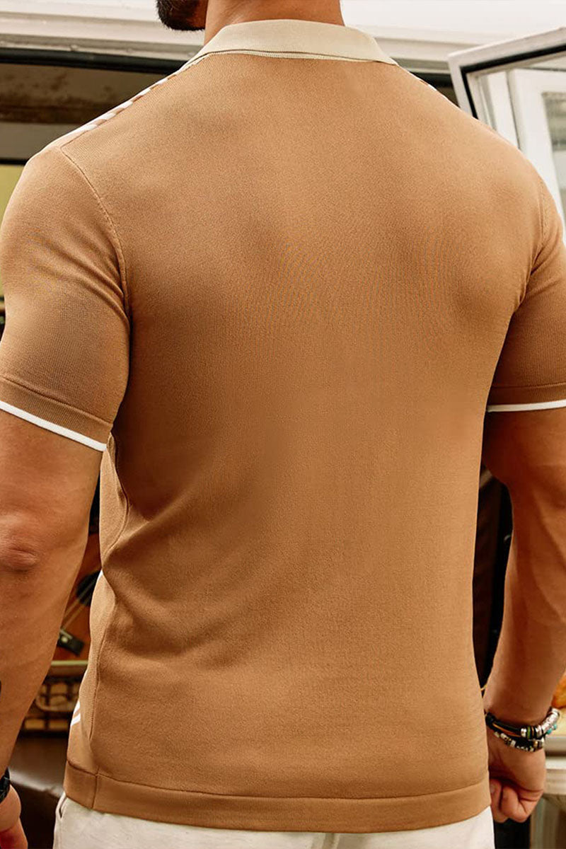 Uniqshe Men's Color Block Short Sleeve Polo Cardigan