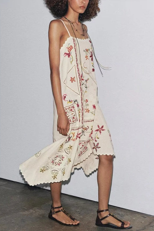 Embroidered Square Neck Spaghetti Strap Slip Midi Dress