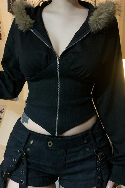 Faux Fur Collar Zip Hoodie - Fashionpara