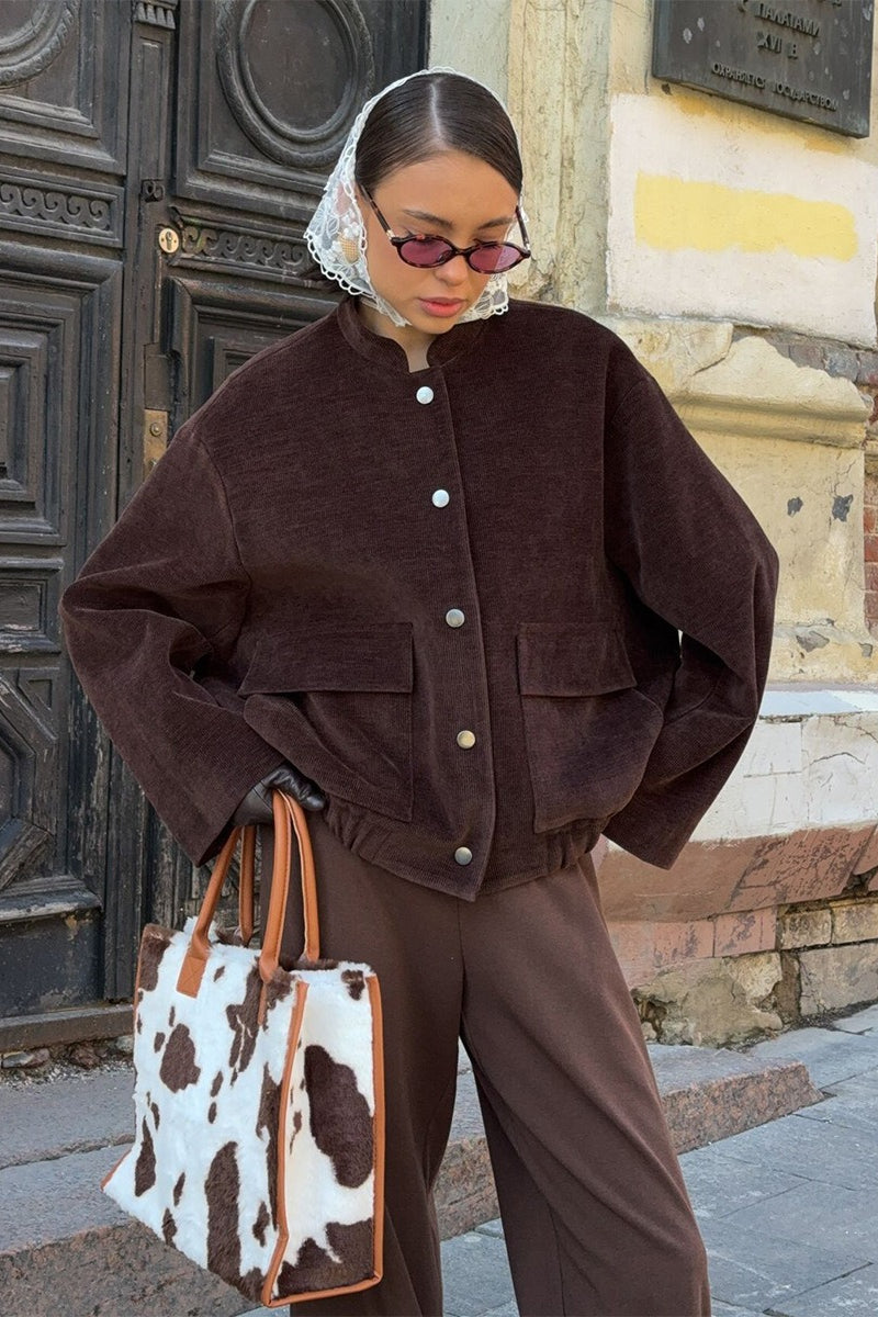 Coffee Corduroy Stand-Collar Loose Jacket