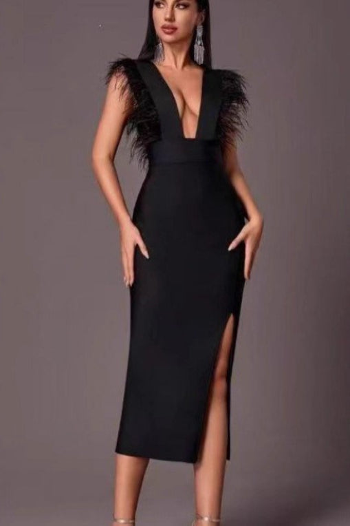 Feather Deep V-Neck Bandage Bodycon High Split Midi Dress