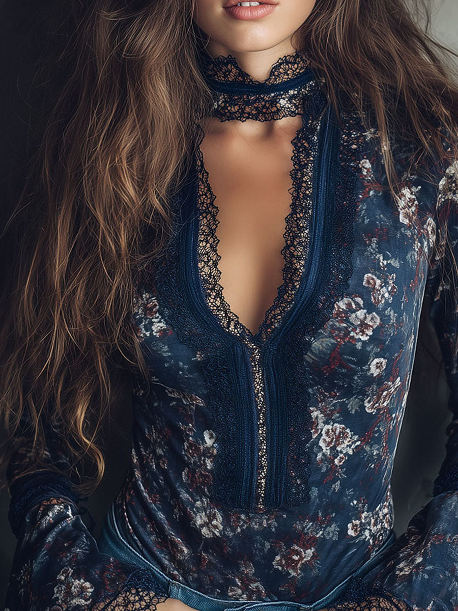 Vintage Floral Velvet Bell Cuffs Lace Blouse - Fashionpara