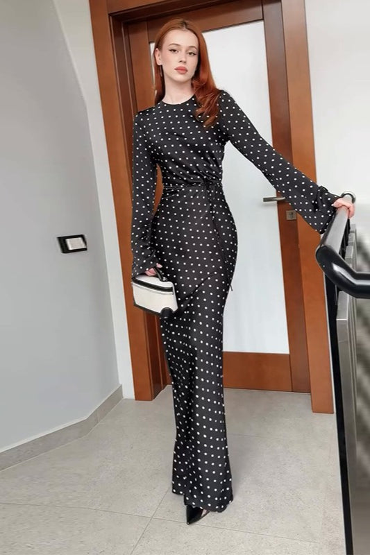 Polka Dot Black Long Sleeve Waist Tie Maxi Dress - Fashionpara