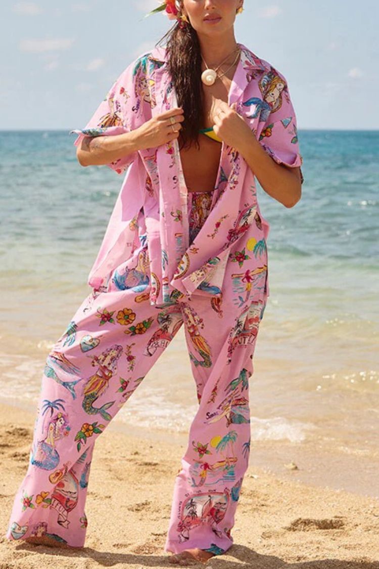 Mermaid Whispers Linen Blend Unique Print Short Sleeve Oversized Blouse - Fashionpara