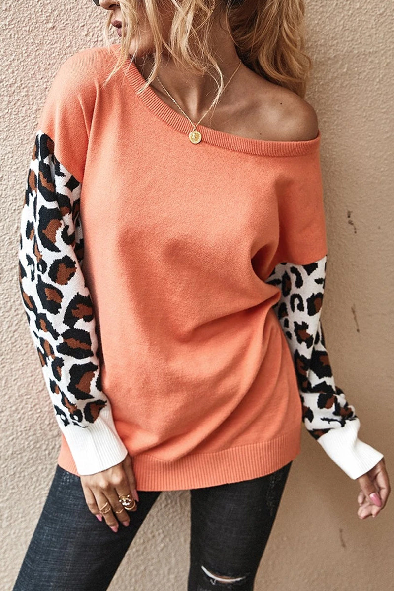 Leopard Acrylic Crew Neck Long Sleeve Sweater(4 Colors)