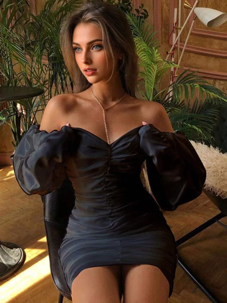 Ruched Satin Off-Shoulder Long Sleeve Bodycon Mini Dress 7