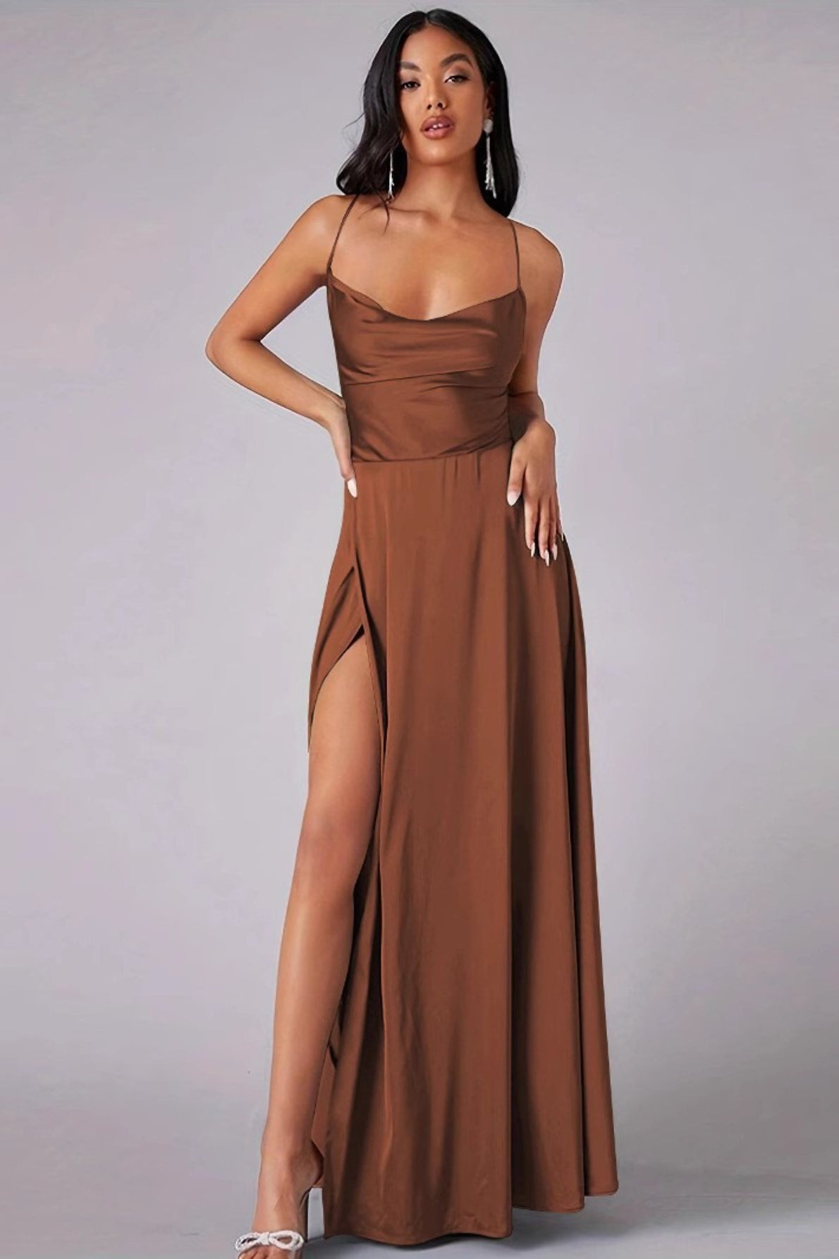 Satin Cowl Neck High Split A-Line Maxi Dress