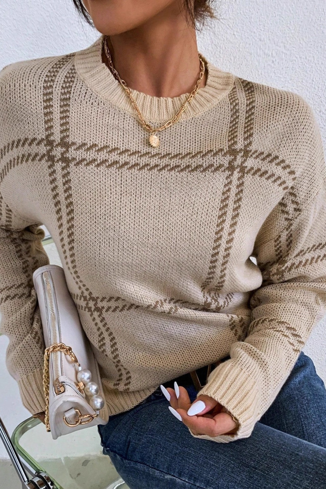 Plaid Stripe Crew Neck Knit Sweater