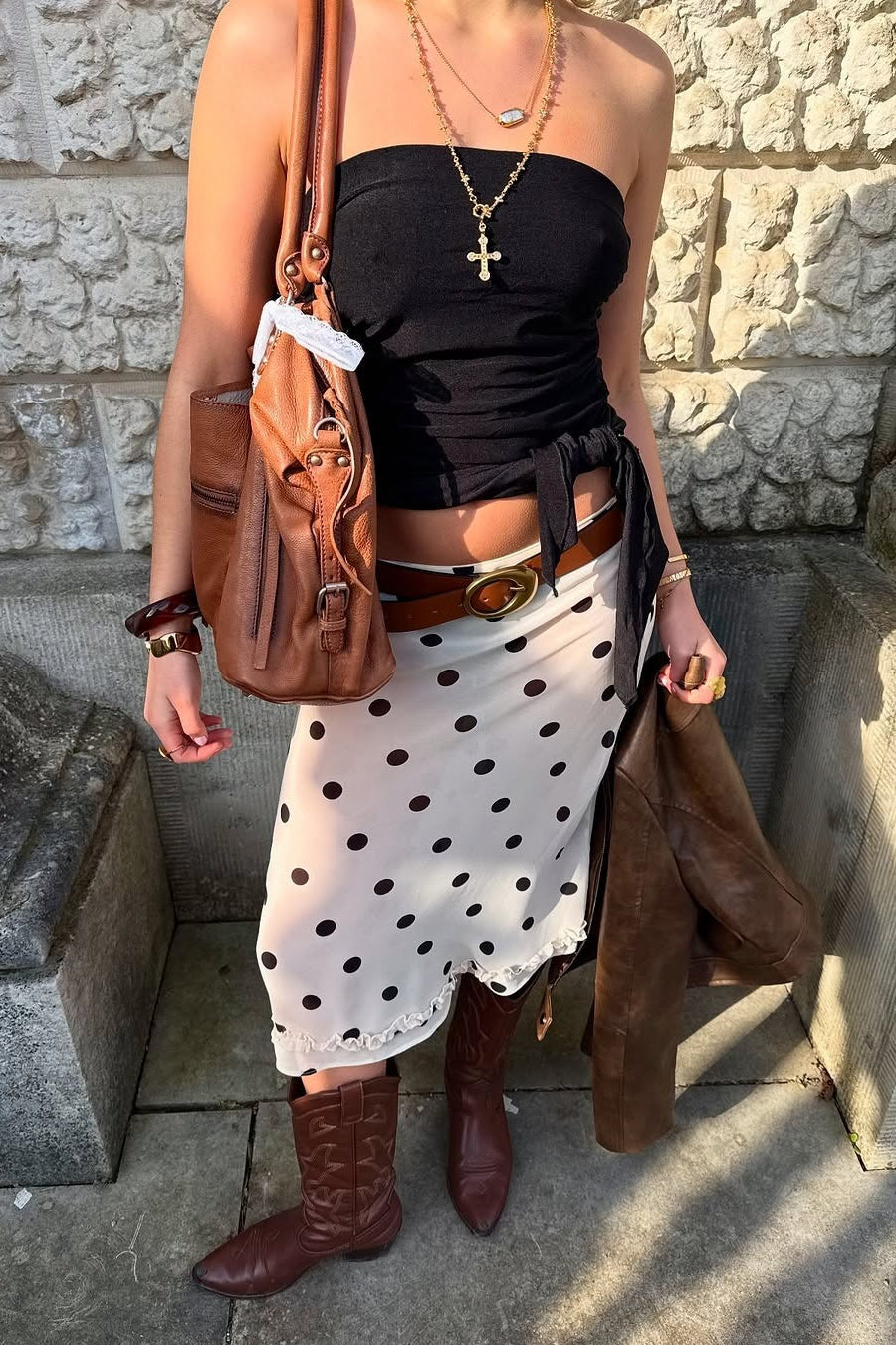 Draped Polka Dot High Waist Skirt - Fashionpara