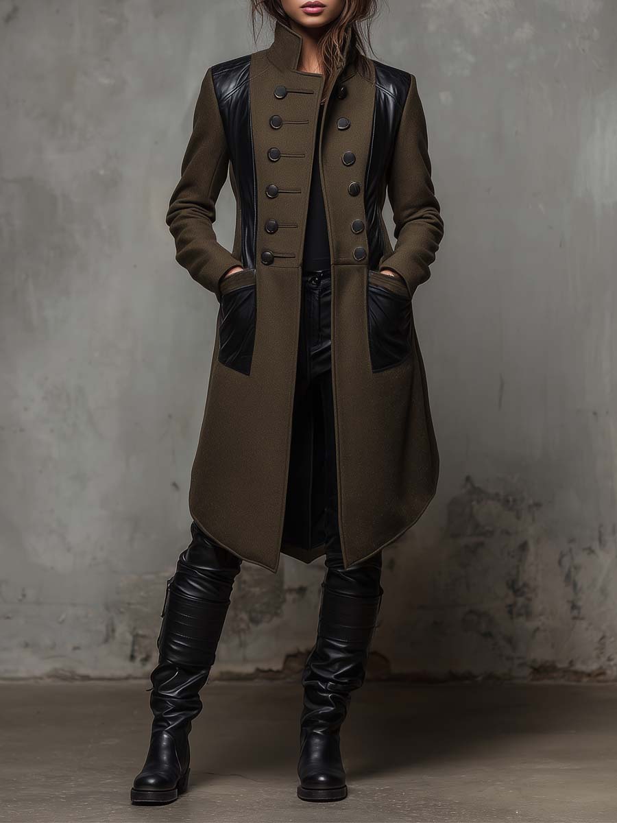 Military Green Long Coat With Black Contrast Panels - Fashionpara