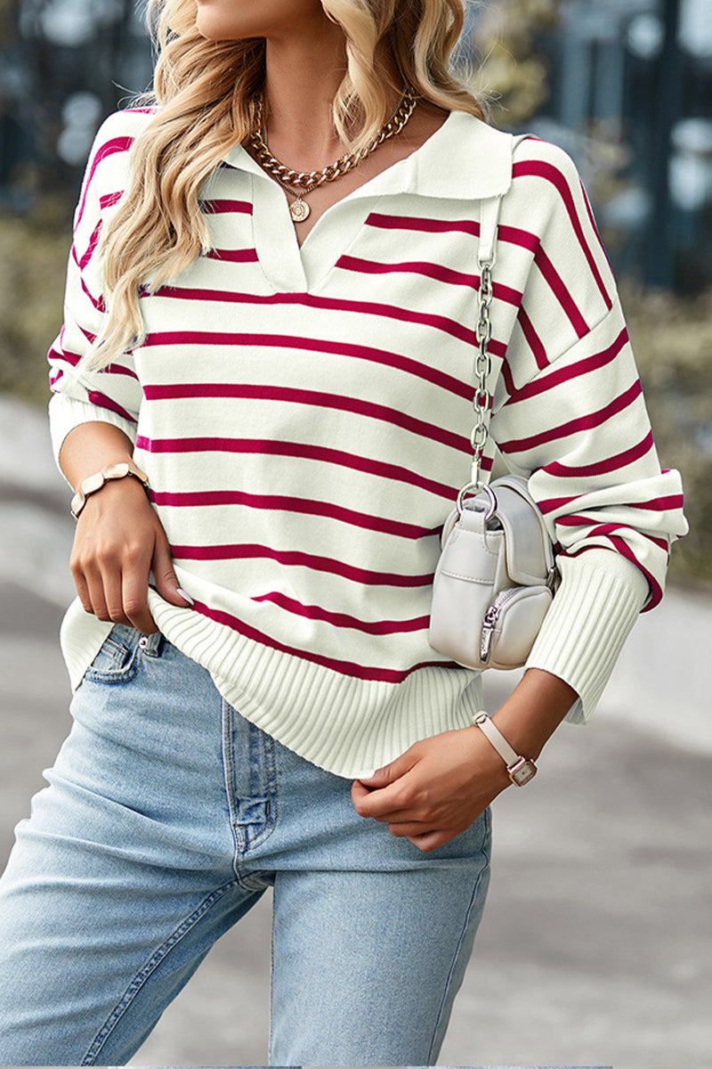 Uniqshe Classic Polo Collar Striped Sweater for Timeless Style