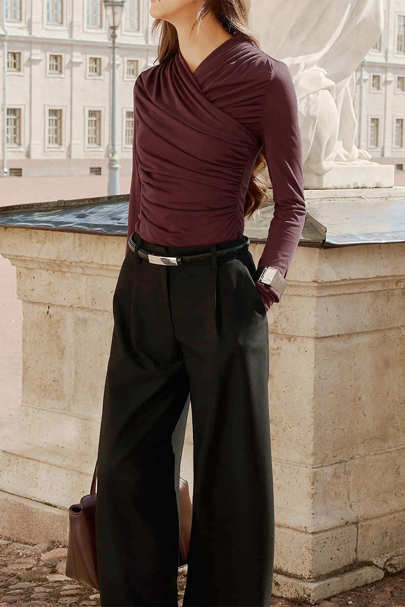 Draped V Neck Long Sleeve Knit Sweater