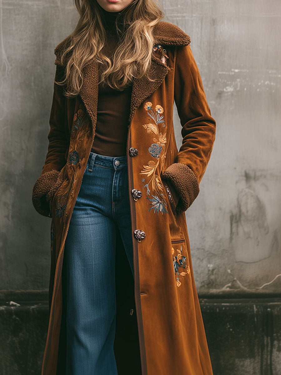 Vintage Embroidered Microsuede Shearling Lining Long Coat - Fashionpara