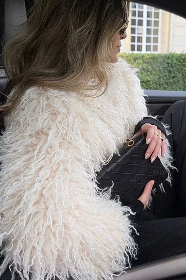 White Faux Fur Lapel Coat - Fashionpara