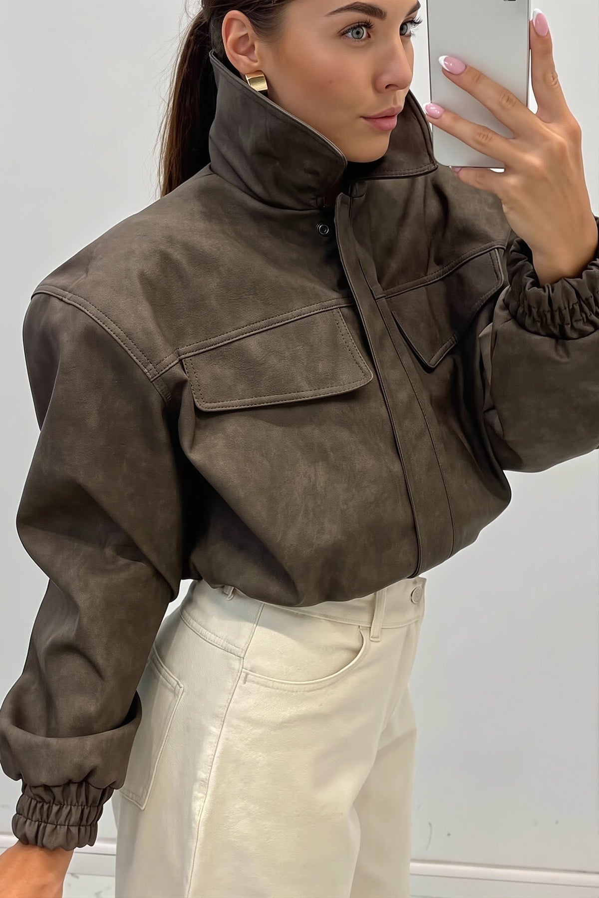 Suede Look Utility Bomber Jacket