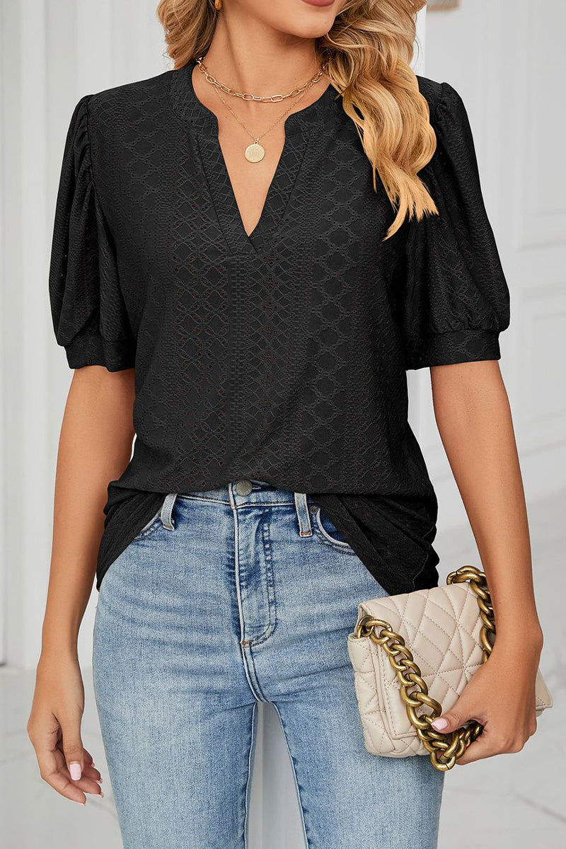 V-neck Hollow Puff Sleeve Top