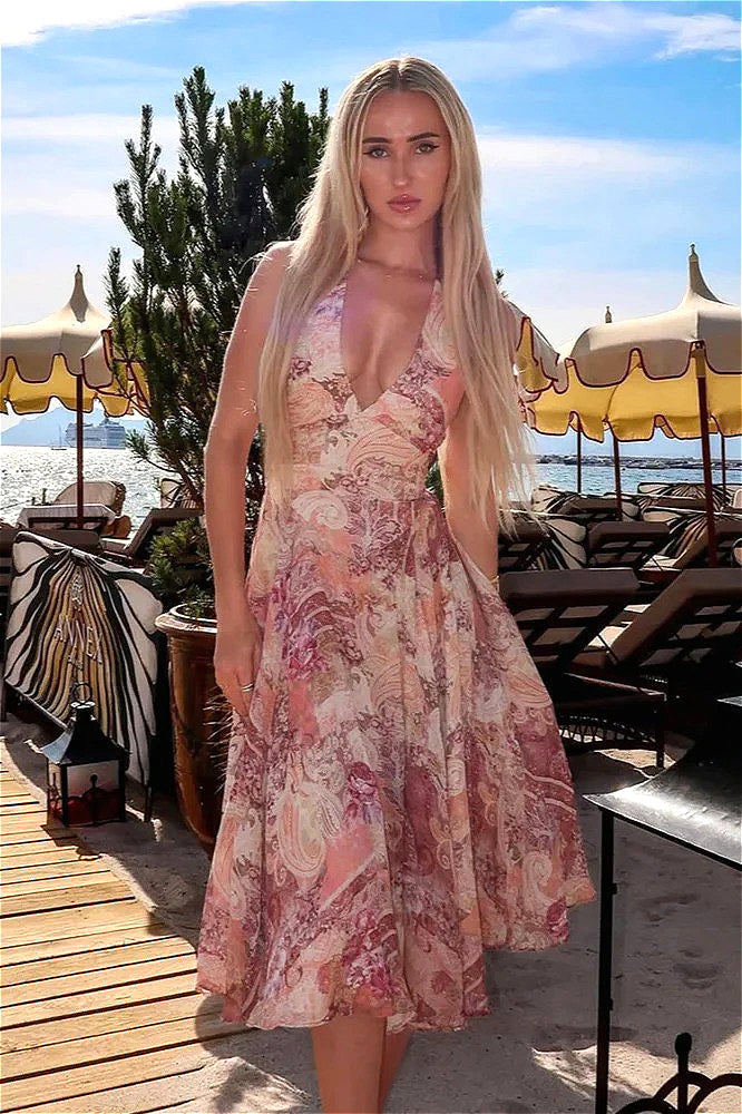 Paisley Print Halter Neck Fit & Flare Midi Dress