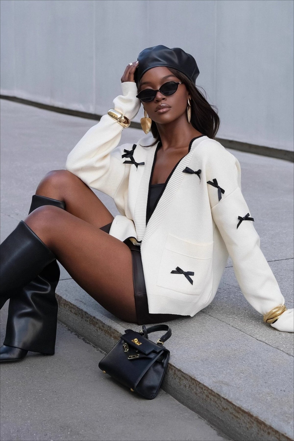 V Neck Bow Color Block Long Sleeve Knit Cardigan 3