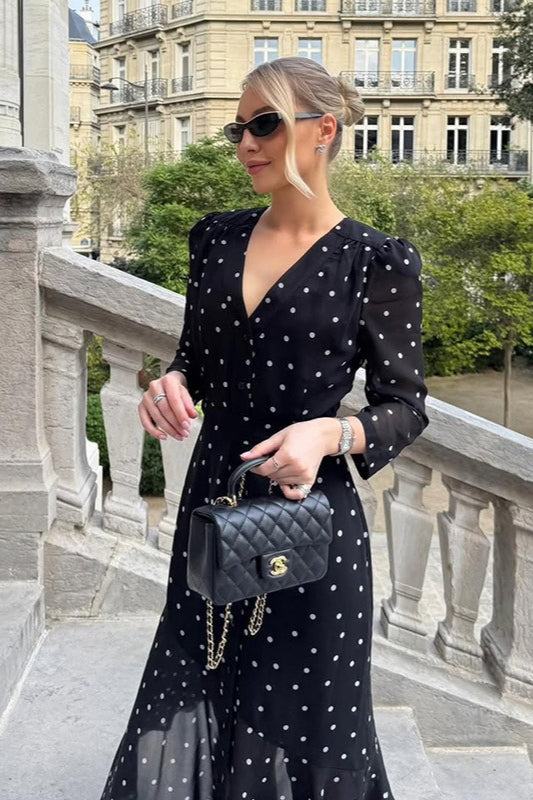 Polka Dot V-Neck Long Sleeve Midi Dress