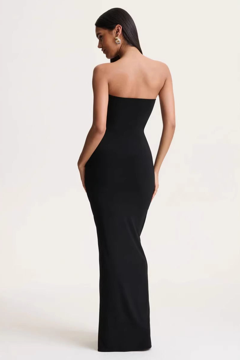 Strapless Sweetheart Ruched Gold Ring Draped Maxi Gown