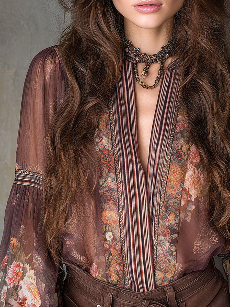 Vintage Sheer Floral Bohemian Blouse In Chocolate Mocha