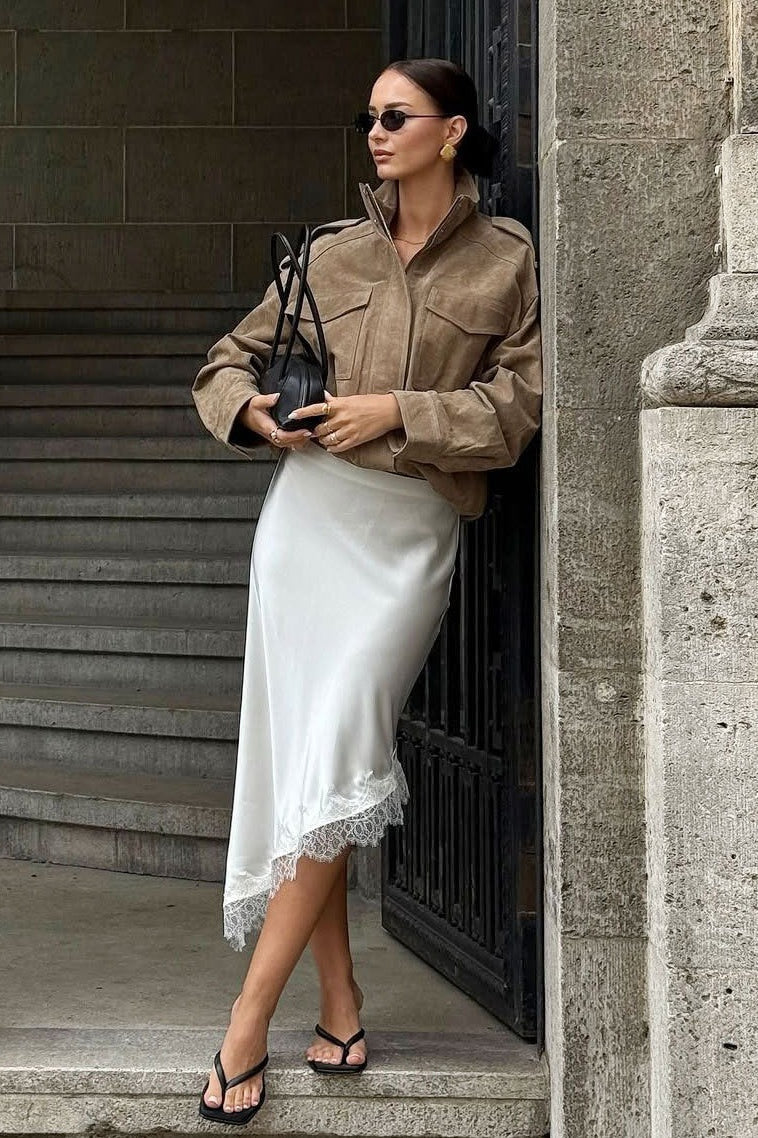 Asymmetric Lace-Hem Satin Midi Skirt