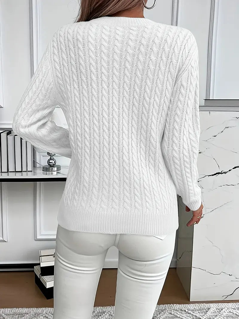 Crew Neck Long Sleeve Cable Knit Sweater 11