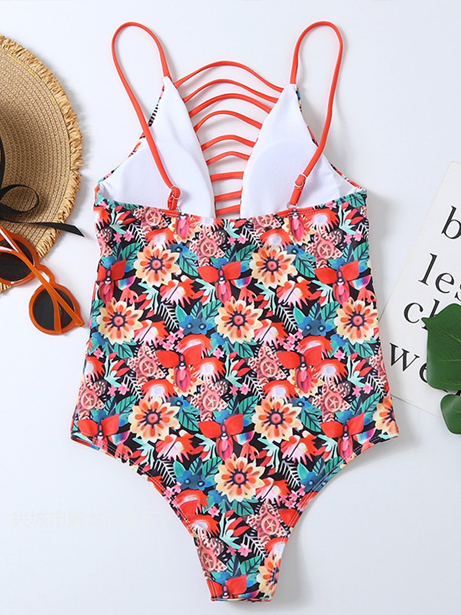 Floral Print Hollow One-piece Swimsuit - Fashionpara