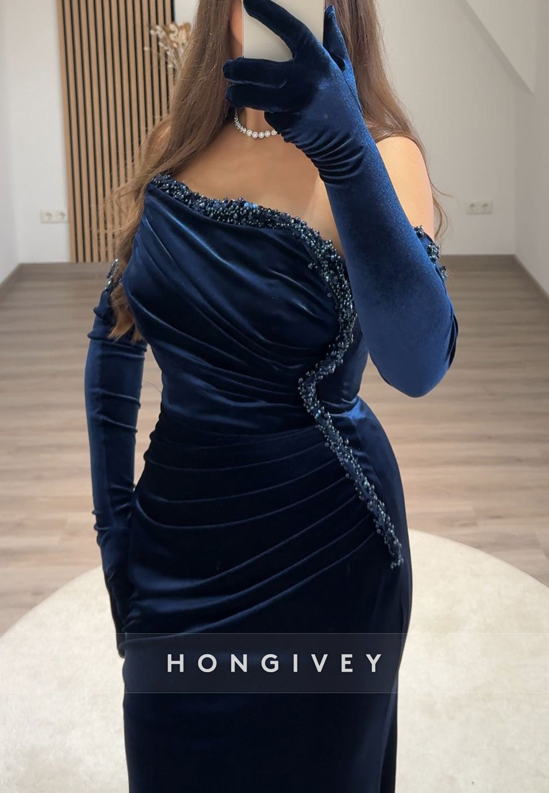 Column Off the Shoulder Pleated Floor-Length Beading Formal Evening Dresses