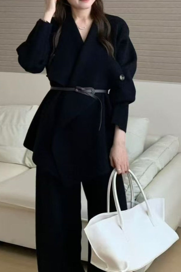 Chic Loose Knit Coat and Wide-Leg Pants Two-Piece Set