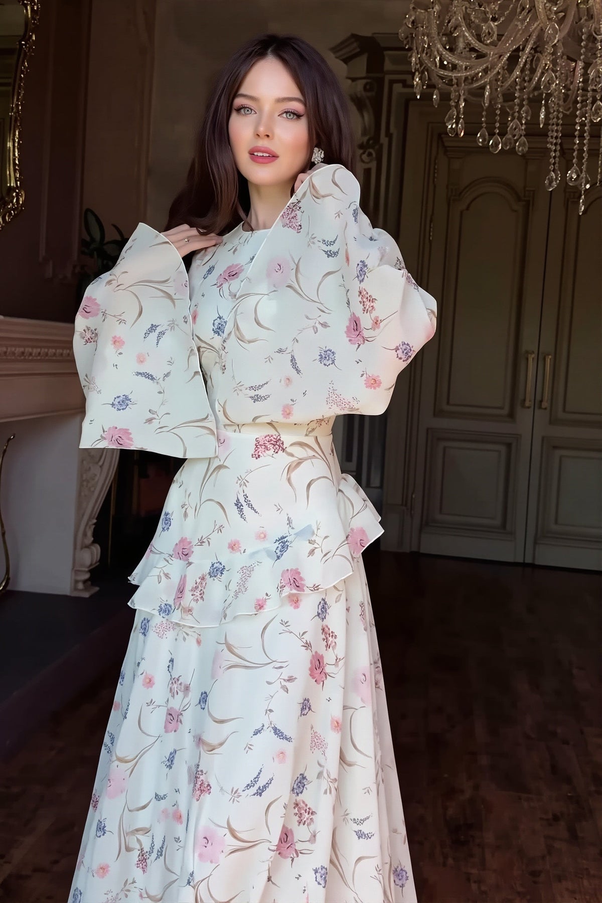 Floral High Neck Long Sleeve Tiered Maxi Gown