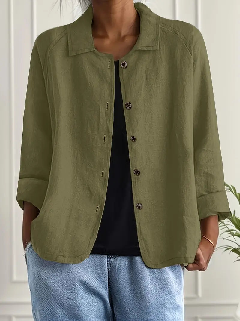 Collared Long Sleeve Button Front Linen Look Shirt 8