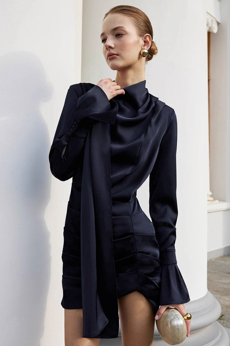 Satin Stand Collar Flare Sleeve Formal Midi Dress