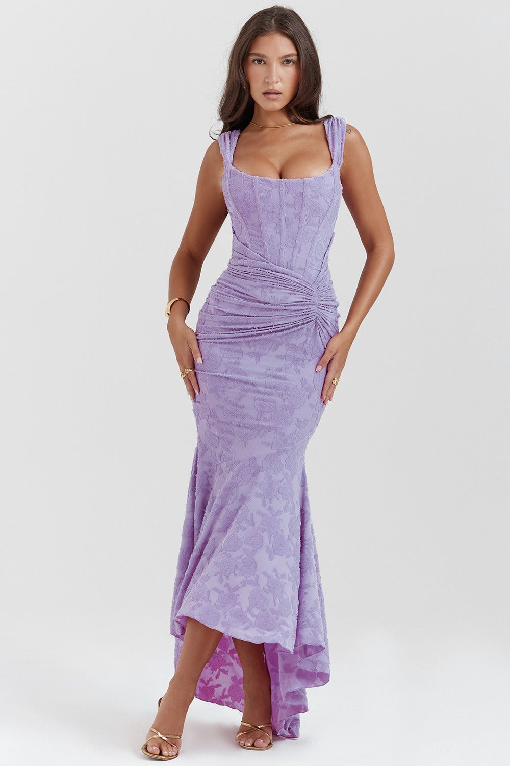 Jacquard Square Neck Corset Ruched Mermaid Gown - View 16