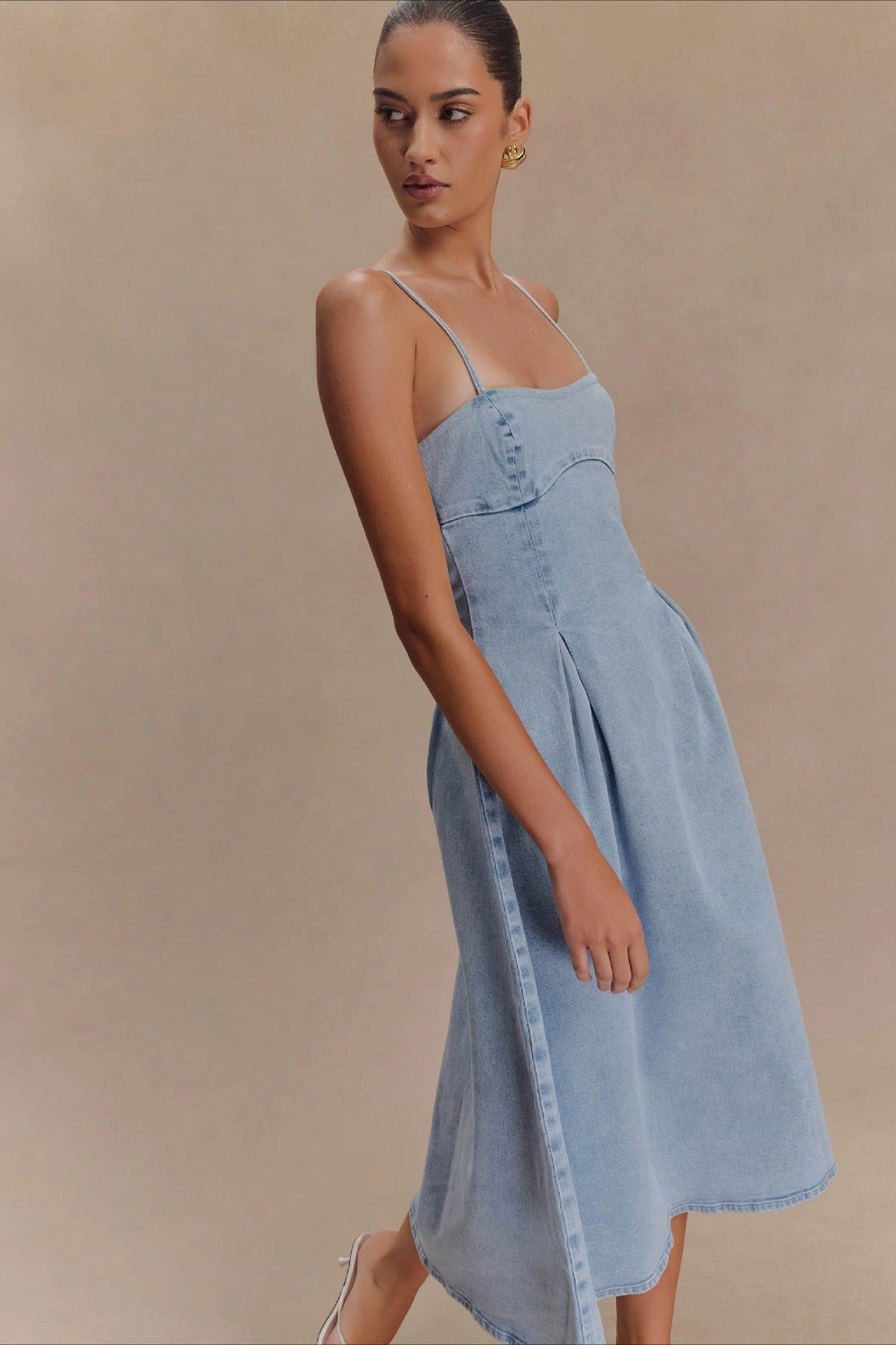 Denim Spaghetti Strap Pleated A-Line Midi Dress 3