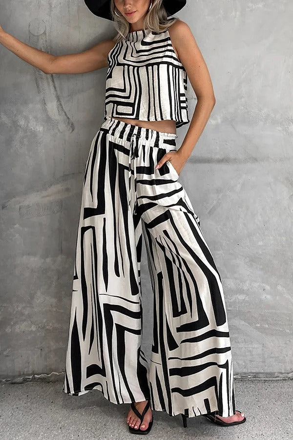Striped Printed Sleeveless Casual Top and Elastic Waist Loose Pocket Wide-leg Pants Set - Fashionpara