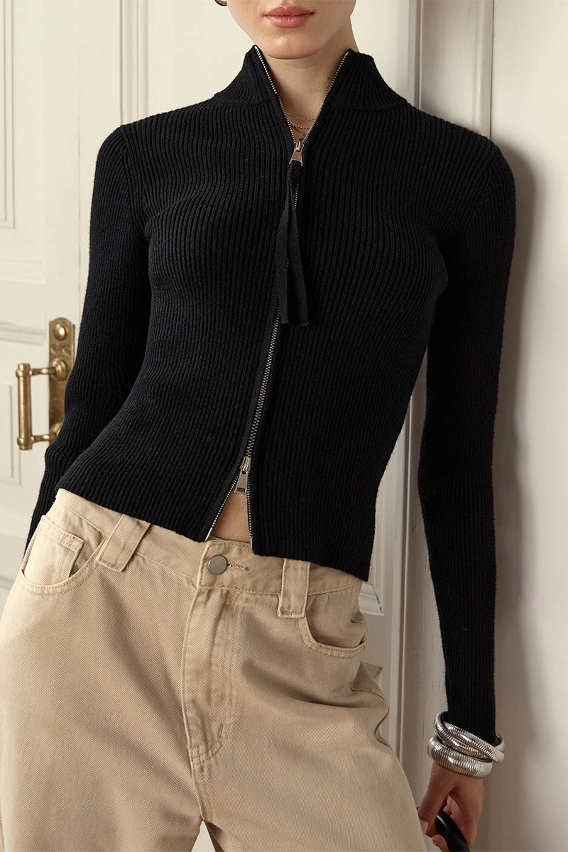 Knit Double Zipper Stand Collar Blouse