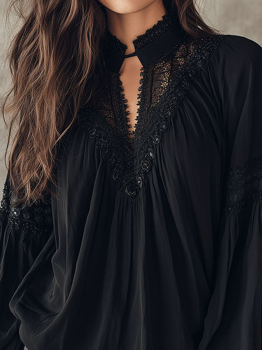 Black Lace Blouse – Vintage Boho Long-Sleeve Top With V-Neck And Puff Sleeves - Fashionpara