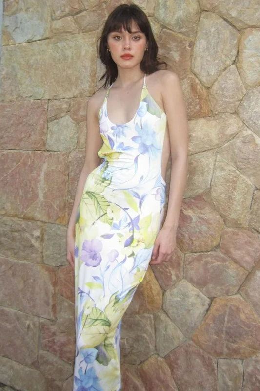 Floral Print Plunge Backless Satin Maxi Dress