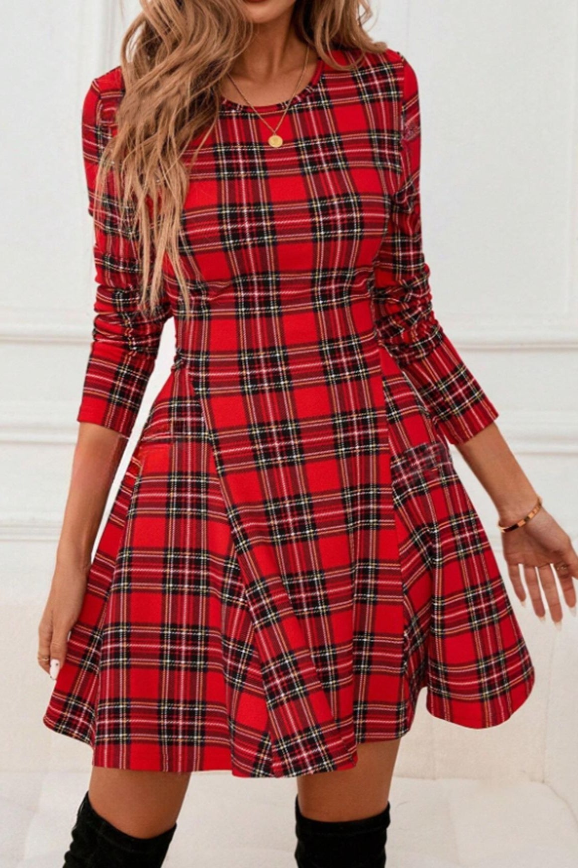 Plaid Long Sleeve Party Dress - Fashionpara