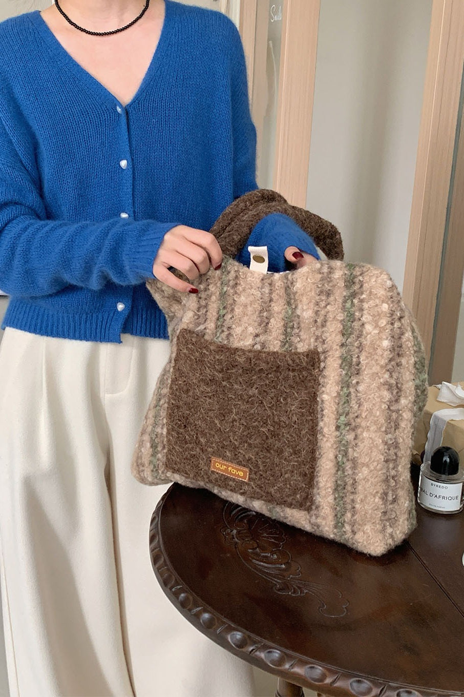 Christmas Red Plaid Faux Fur Panel Tote Shoulder Bag