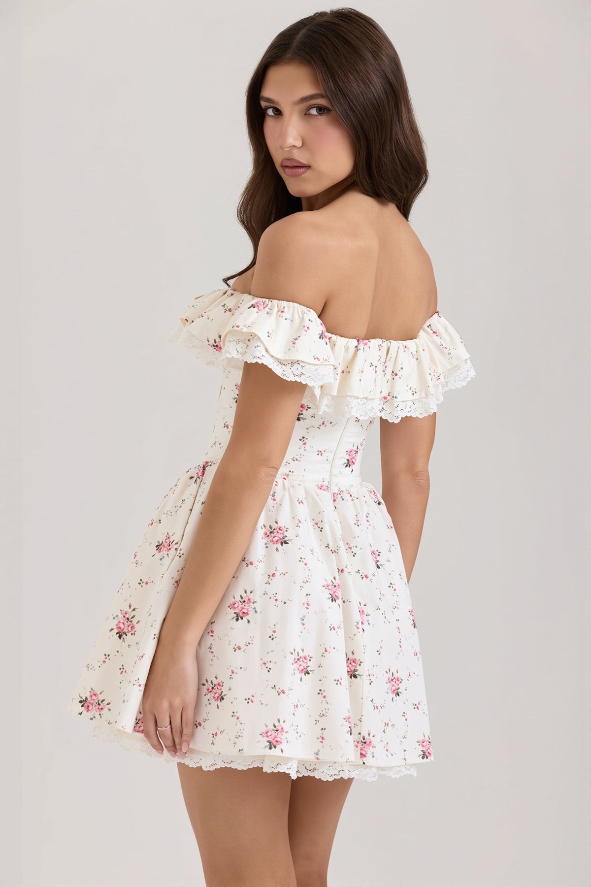 Floral Off Shoulder Bow Front Corset Mini Dress 2