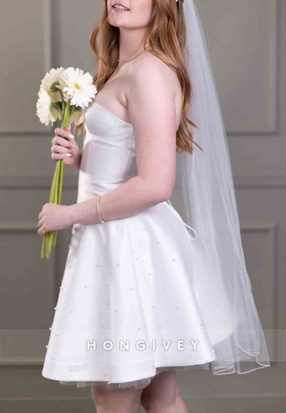 Short Princess Strapless Pleated Beading Wedding Dresses