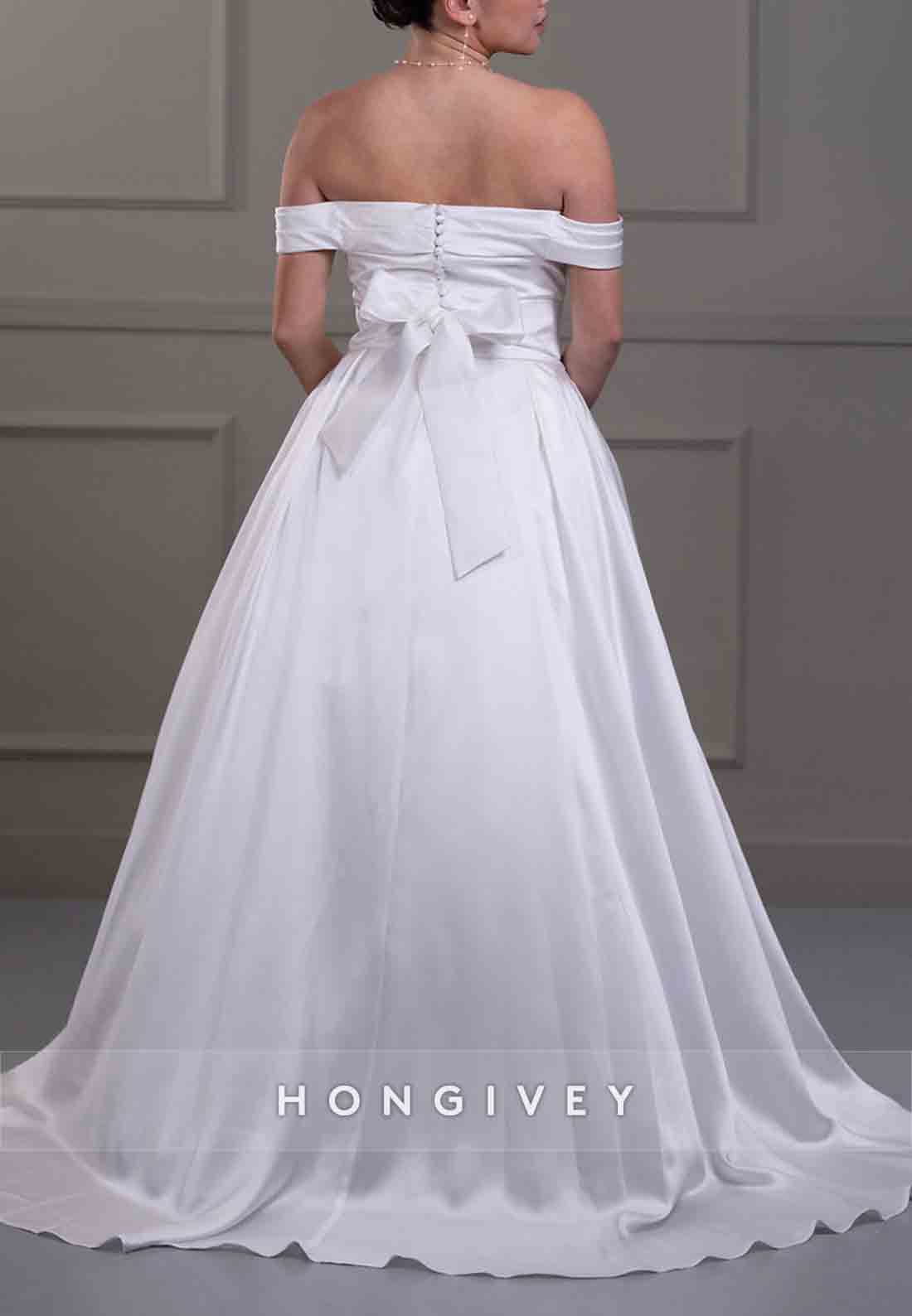 Off the Shoulder Princess Sweep Train Bowknot Satin Wedding Dresses