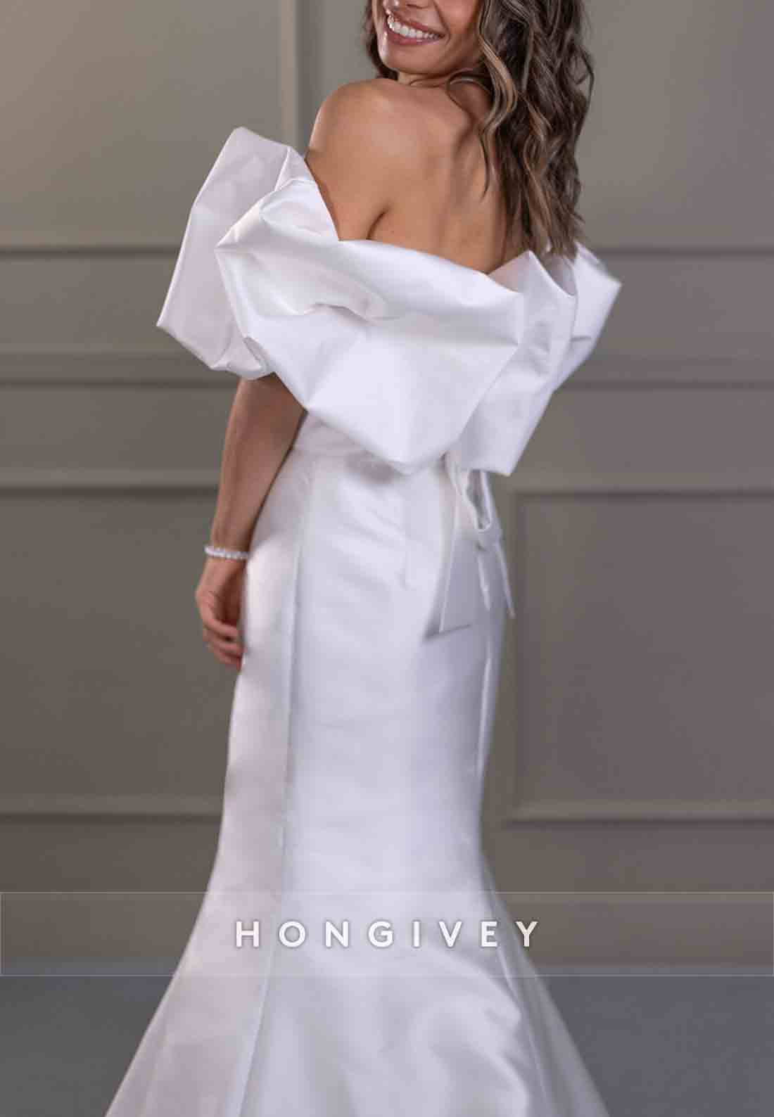 Off the Shoulder Trumpet Pleated Simple Satin Sweep Train Wedding Dresses