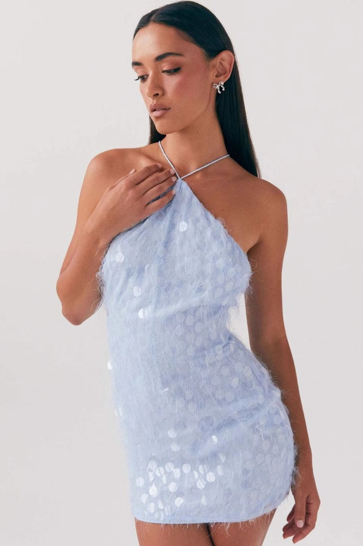 Paillette Sequin Halter Neck Backless Bodycon Mini Party Dress