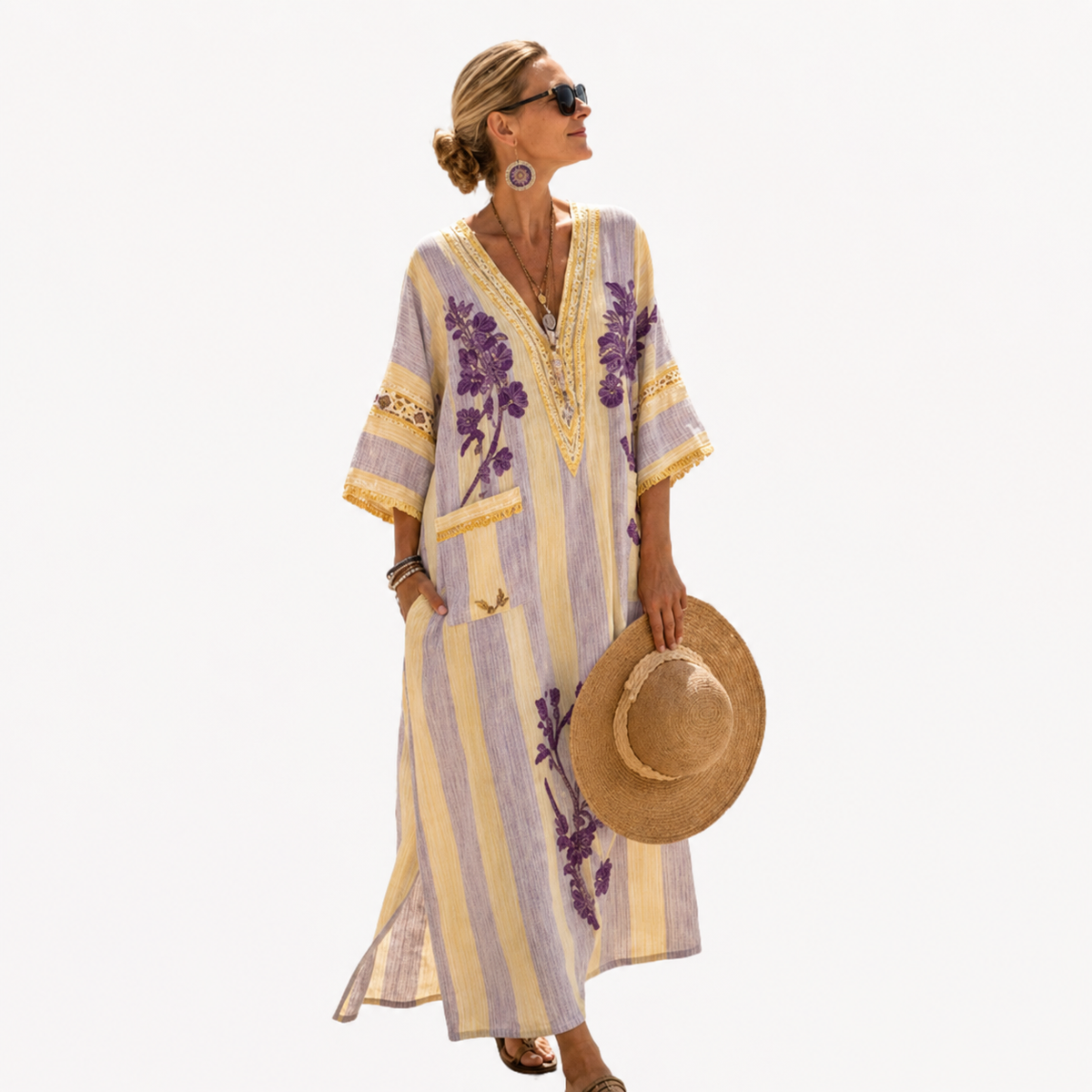 Floral Stripe V-Neck Side Split Kaftan Maxi Dress