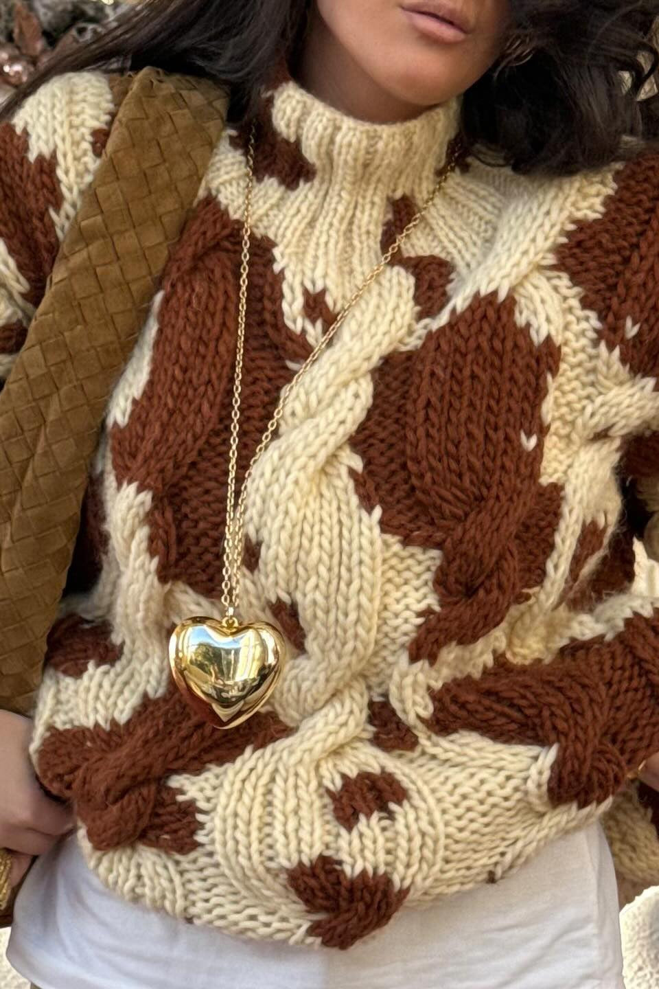 Cow Print Cable Knit Turtleneck Sweater for Stylish Comfort