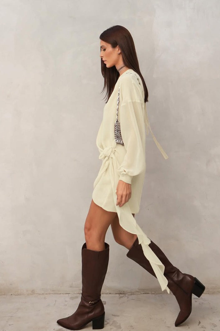 Chiffon V-Neck Long Sleeve Wrap Mini Dress