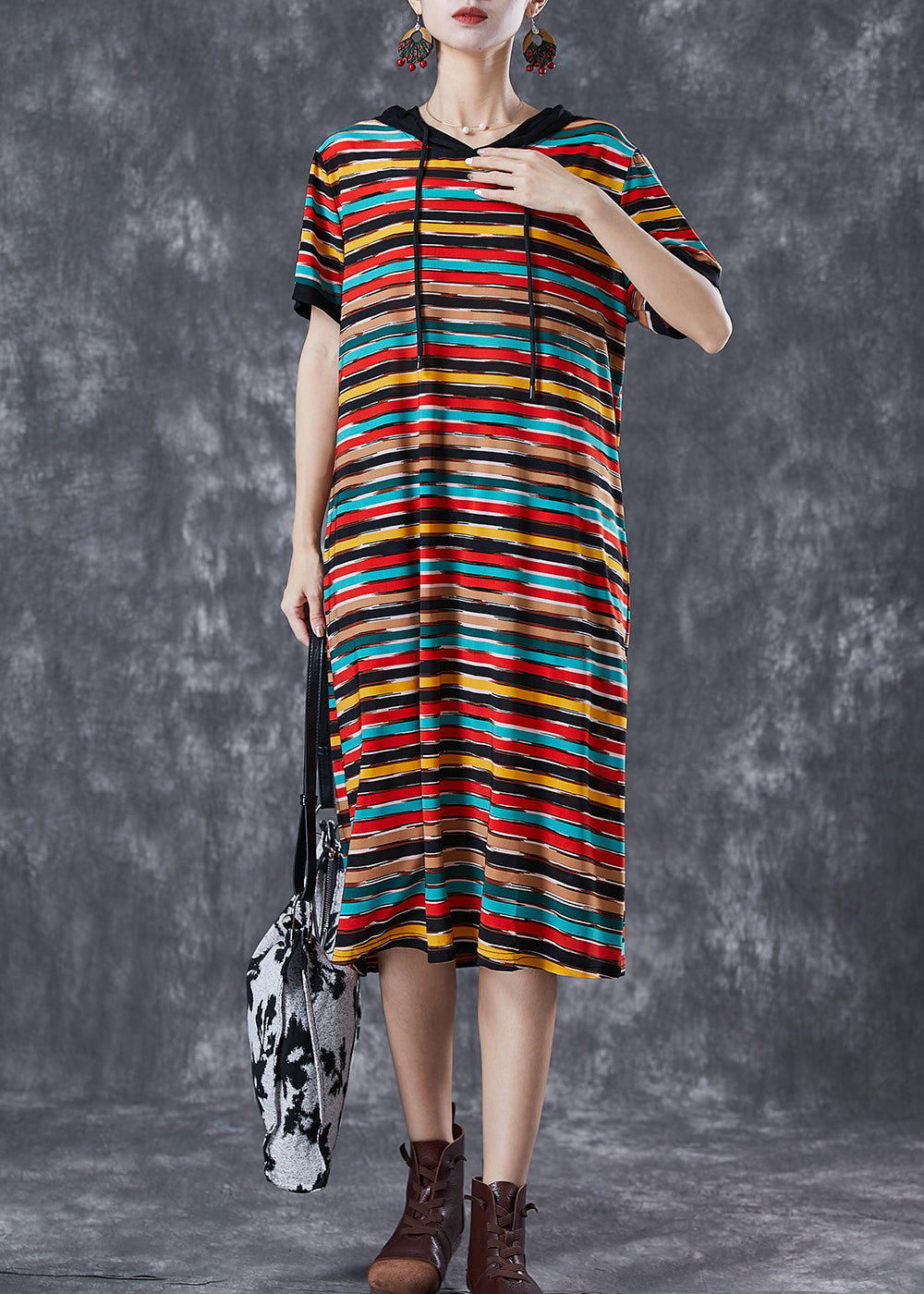 Hooded Short Sleeve Brushstroke Stripe Print Shift Dress - View 2